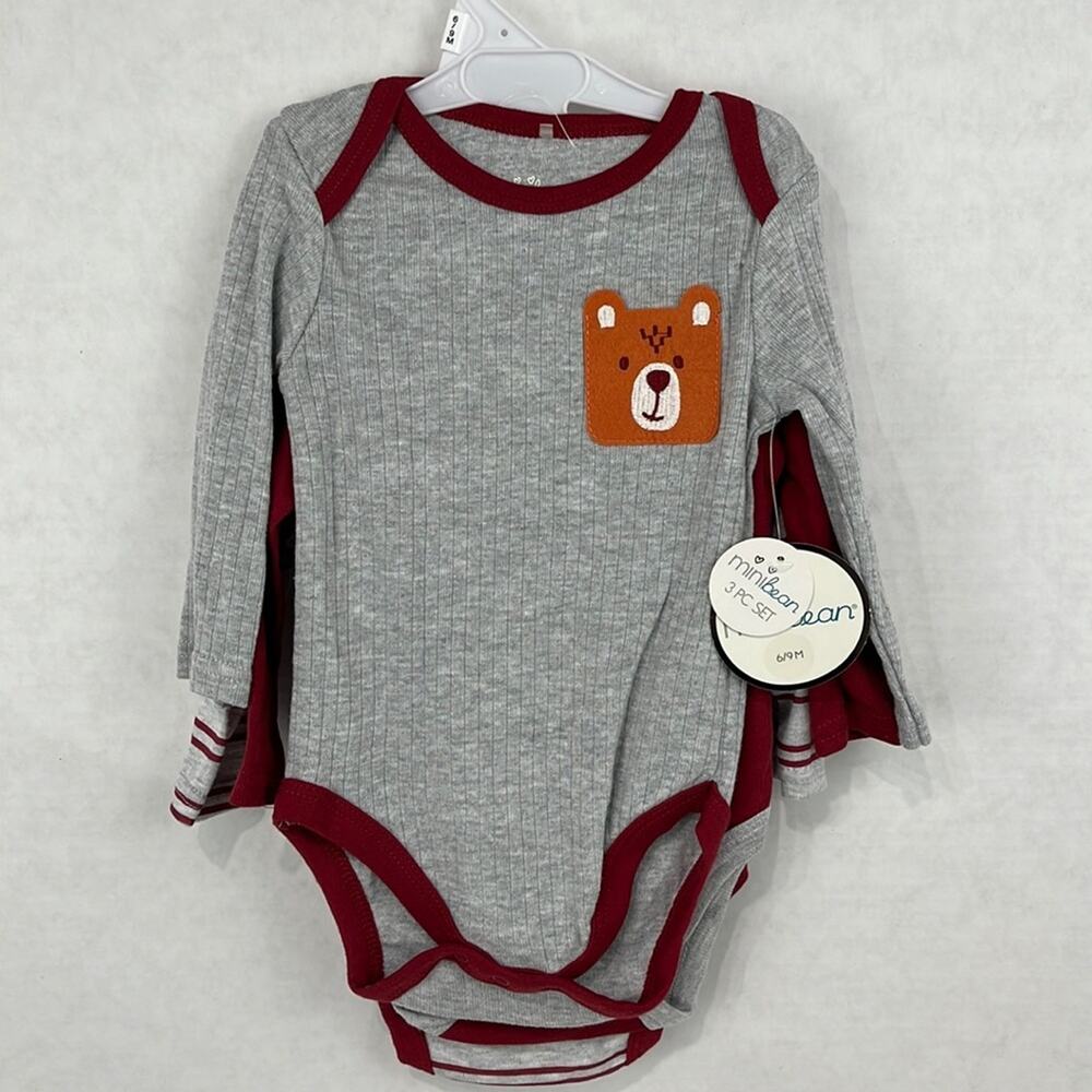 Minibean Baby Bodysuits Creepers 3 Pc Set 6-9 Months Long Sleeve Burgundy Gray